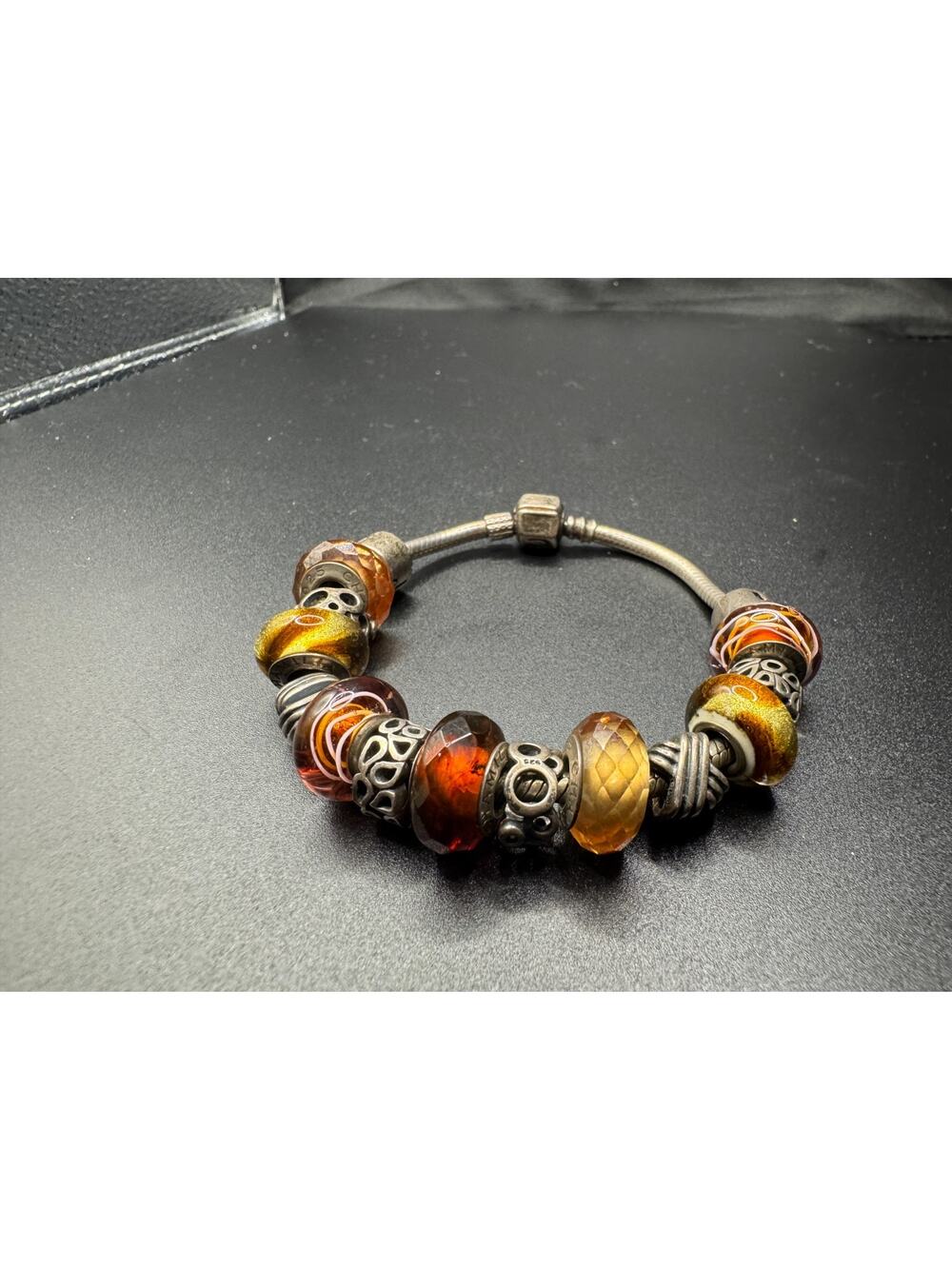 Vtg Cham Sterling Silver 925 Brown Glass Bead Charm Bracelet Snake Chain Sz 6.5